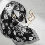 Noir Bloom black and white floral mulberry silk scarf 50x50cm