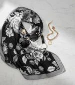 Noir Bloom black and white floral mulberry silk scarf 50x50cm