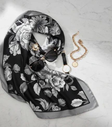 Noir Bloom black and white floral mulberry silk scarf 50x50cm